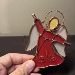 Red Stained Glass Angel Christmas Ornament With Etched Wings Gold Trim 4.5 by 3”
