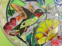 AMIA Stained Glass Sun Catcher Bird Floral Flowers Hummingbirds Hand Painted USA