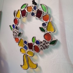 Harvest Fruit Stained Glass Wreath Apples, Pears, Berries w Ribbon