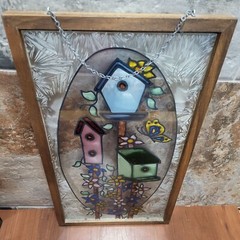 Painted Glass Bird Houses Suncatcher Wall Hanging Decor Window Hanger