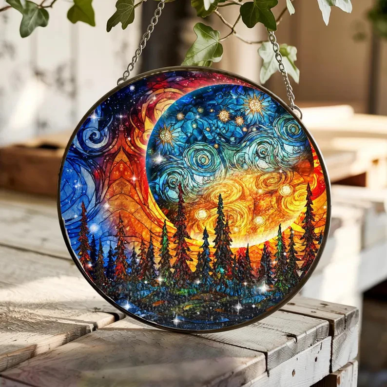 Celestial Moon Suncatcher Glass Stained Glass Window Hanging Decor Gift