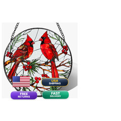 Dujitodoh Cardinal Stained Glass Window Hanging 8 Inch Sun Catchers Indoor