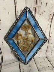 Vintage Blue Stained Glass Diamond Cut Suncatcher With Pressed Dried Flowers
