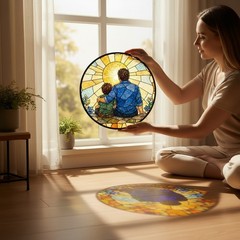 Father And Son Sunset Stained Glass Suncatcher, Fatherhood Keepsake Glass Panel