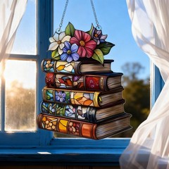 Book Lover Acrylic SuncatcheBookr Stacked Books with Flowers Window Hanging Gift
