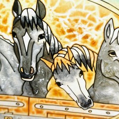 Amia 5 Horses Suncatcher Stained Glass Hand Painted Western Decor Amber/Teal 9×7