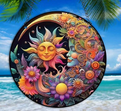 SUNCATCHER-Circular Sun and Moon Window Hanging, Acrylic W/Chain, 6×6