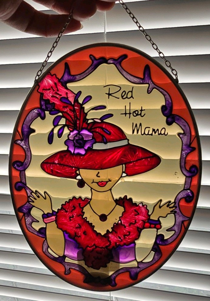 Joan Baker Design Handpainted Suncatcher Red Hat Society 5.25″x7″ Oval