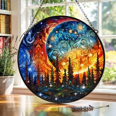 Celestial Moon Suncatcher Glass Stained Glass Window Hanging Decor Gift