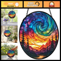 Aurora Borealis Stained Glass Suncatcher – Nature Mountain Window Art Decor 7.9