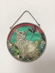Cat w Butterfly 4.5” Round Suncatcher AMIA Studios Fine Art Hand-Painted Glass