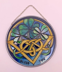 Vintage Stained Glass Shamrock Suncatcher Green Clovers Bless You 4.5″