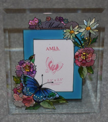 #9120 MOTHER,BUTTERFLY&FLOWERS HAND PAINTED GLASS PHOTO FRAME DECOR