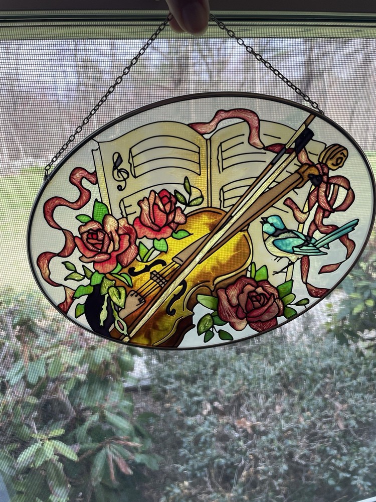 Vintage Joan Baker Art Glass Winter Suncatcher Roses Violin Music Book