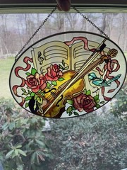 Vintage Joan Baker Art Glass Winter Suncatcher Roses Violin Music Book