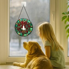 Stained Glass Window Hanging – 7.8in Christmas Wreath with Red Bow, Pine Cone…