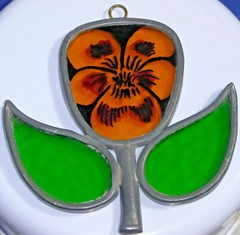 Beautiful Stained Glass Pansy Suncatcher Yellow Orange w/Green Leaves