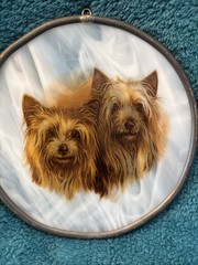 Vintage Leaded White Slag Glass Window Sun Catcher Yorkshire Terriers Dogs #WW