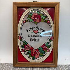 Vintage Stained Glass Style Friendship Heart Rose Wood Framed Wall Art 10.5×7.25