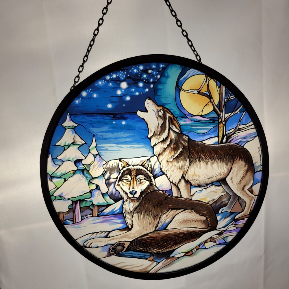 Vintage 1990 Glassmasters Howling Wolves Stained Glass Suncatcher 8.75” Wildlife
