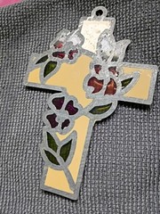 Vintage Cross With Flowers Floral Stained Glass Look Acrylic Suncatcher 4″