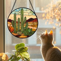 JOSUMALY Stained Glass Window Hanging, Green Cactus Sun Catcher for Door Terr…