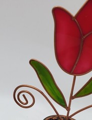Vintage SunCatcher Red Tulip Green Leaves Metal Brown Flower Pot Photo Holder 6″