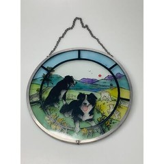 Border Collie Round Hand Painted Stained Glass Window Sun Catcher, 7.5″ Diameter