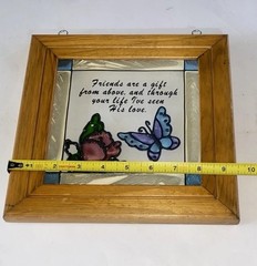 Vintage Friendship Butterfly Faux Stained Glass Wood Framed Suncatcher 8.5×9.5″