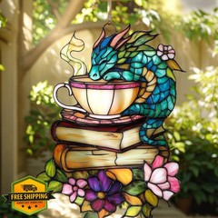 XISZYS Book Dragon Floral Teacup Suncatcher 4″