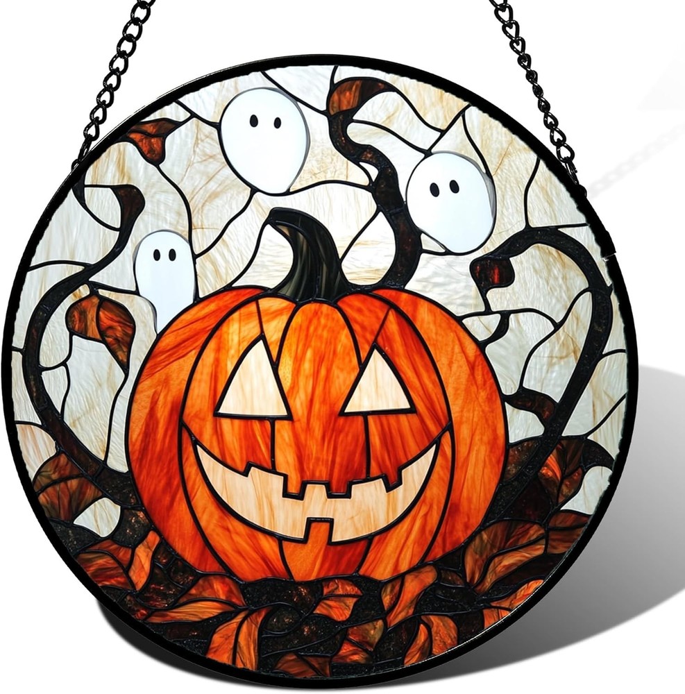 Stained Glass Window Hanging – Halloween Pumpkin Ghost Suncatcher 7.8″