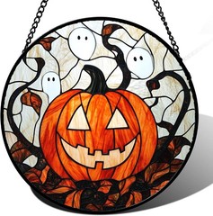Stained Glass Window Hanging – Halloween Pumpkin Ghost Suncatcher 7.8″