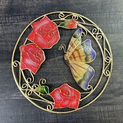 Vintage Capiz Shell Brass Wire Rose Butterfly Wall Hanging Art Round Suncatcher