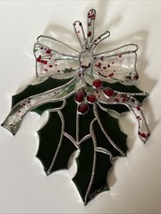 Handmade Stained Glass Holly Berry Sun Catcher Signed Susan 2000 Holiday Decor