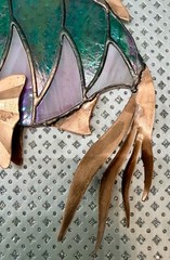 Vintage Stained Glass Rainbow Fish Suncatcher Dichroic Green/Pink w/Copper Fins