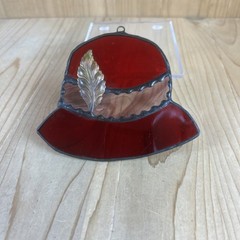 Red Hat Stained Glass Sun Catcher Brass Leaf 4.5×5”