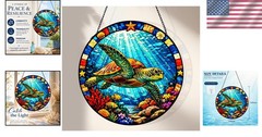 Symbolic Round Sea Turtle Suncatcher – 7.87″ Stained Glass Indoor Decor