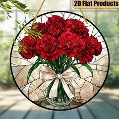 Red Carnation Bouquet White Bow Glass Vase Floral Acrylic Suncatcher Ornament