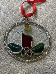 Christmas Stained Glass Hanging Candle Holly Berries Red Green Yellow Suncatcher