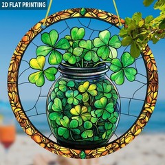 Irish Acrylic Suncatcher Jar of Shamrocks Lucky St. Patrick’s Day Window Decor