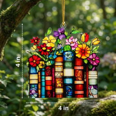 Lover Gifts for Women Acrylic Faux Stained Glass Window Hanging, Floral Bookish