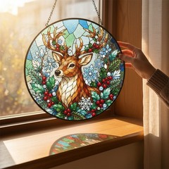 Reindeer Christmas Stained Glass Suncatcher, Xmas Festive Winter Window Hanging