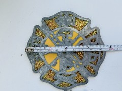 Two Vintage Fire Dept Stained Glass SunCatcher Ornaments Fireman Firefighter