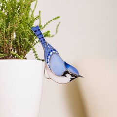 Stained Glass Blue Jay Suncatcher – Bird Planter Decor Gift Mom 50th