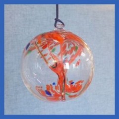 Hanging Glass Ball 4″ Diameter Orange with Green & Blue Witch Ball (1) WB107