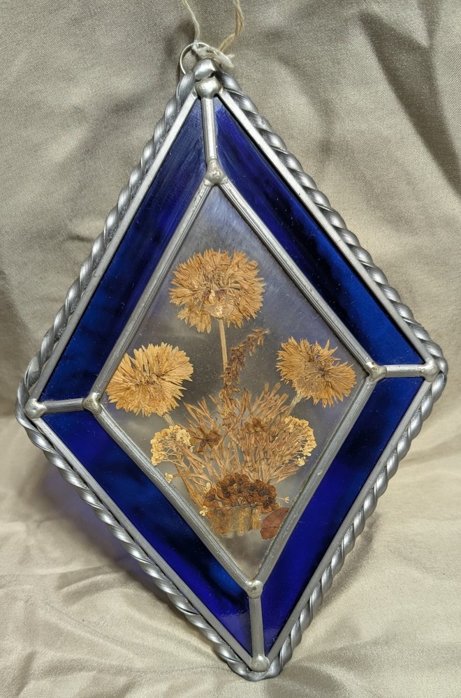 Stained Glass Suncatcher Large Leaded Cobalt Blue Dried Floral. 9.5 X 7
