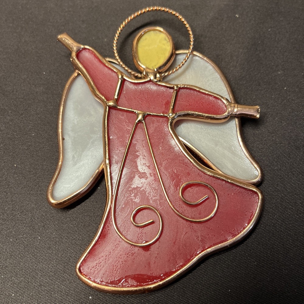 Red Stained Glass Angel Christmas Ornament With Etched Wings Gold Trim 4.5 by 3”