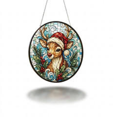 Christmas Reindeer Stained Glass Suncatcher, Reindeer Santa Hat Window Hanging