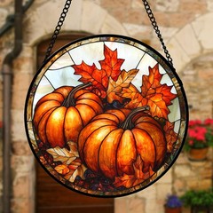 Stained Glass Window Hanging, Pumpkin Maple Leaf Suncatcher Christmas Decoration