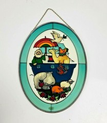 Vintage Noah’s Ark Sun Catcher Stained Glass Hand Painted Oval Frame 9″